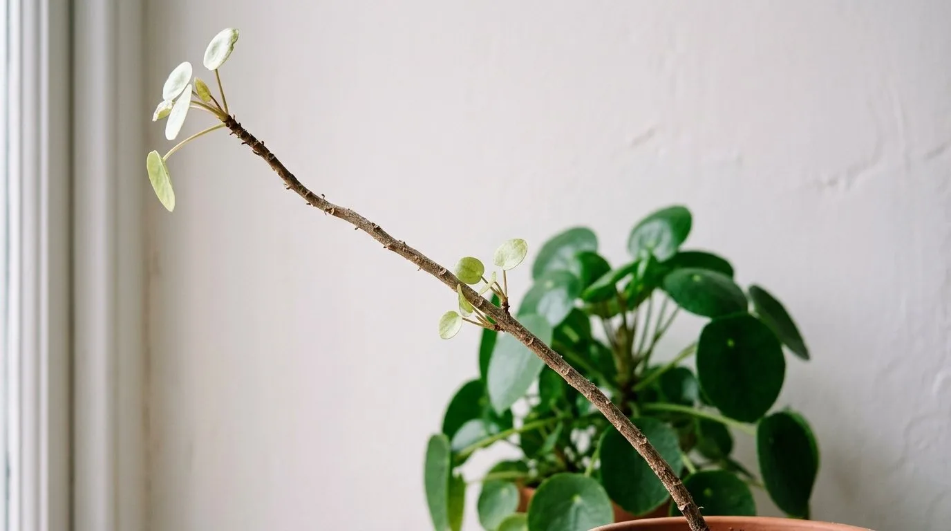 Nahaufnahme einer Ufopflanze mit einem langen kahlen Stängel, der sich seitlich zu einem Fenster streckt, nur ein paar kleine blasse Blätter an der Spitze, und dahinter zum Vergleich eine kompakte gesunde Pflanze