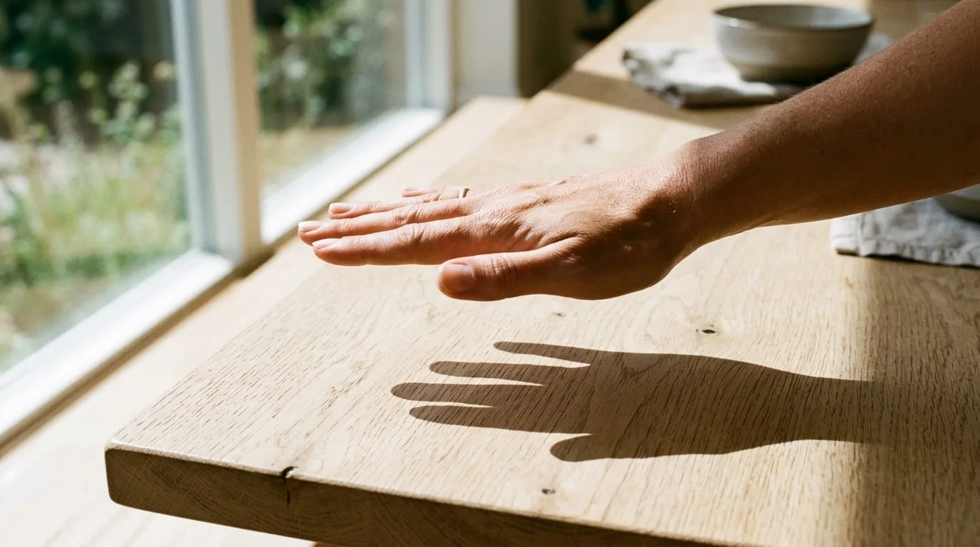 Eine Hand mit Unterarm, flach über einen hellen Holztisch neben einem Fenster gehalten, die einen Schatten mit klarem, hart umrissenem Rand auf die Fläche darunter wirft