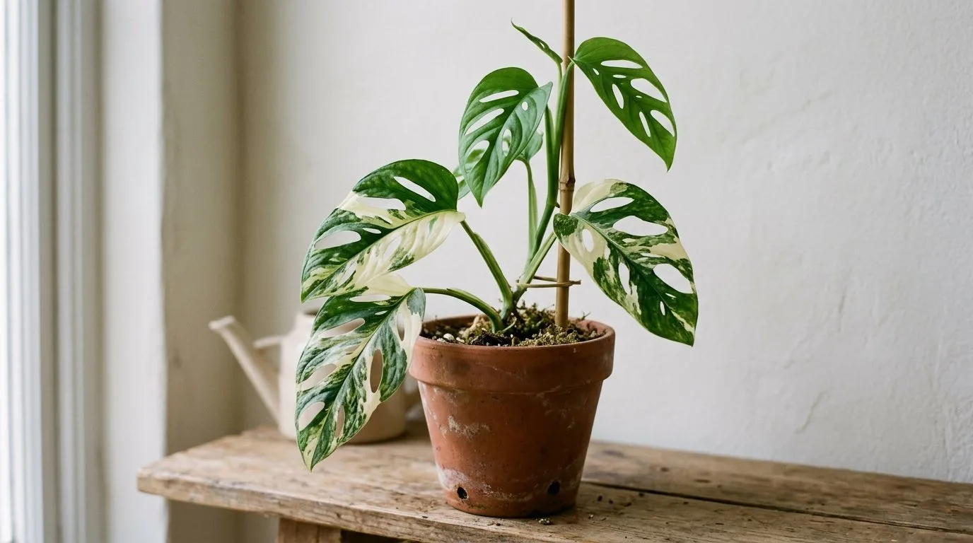 Ein panaschiertes Fensterblatt Adansonii in einem Terrakottatopf: Die älteren Blätter tragen eine kräftige cremefarbene Marmorierung, während die neuesten Blätter oben am Stängel einfarbig grün sind