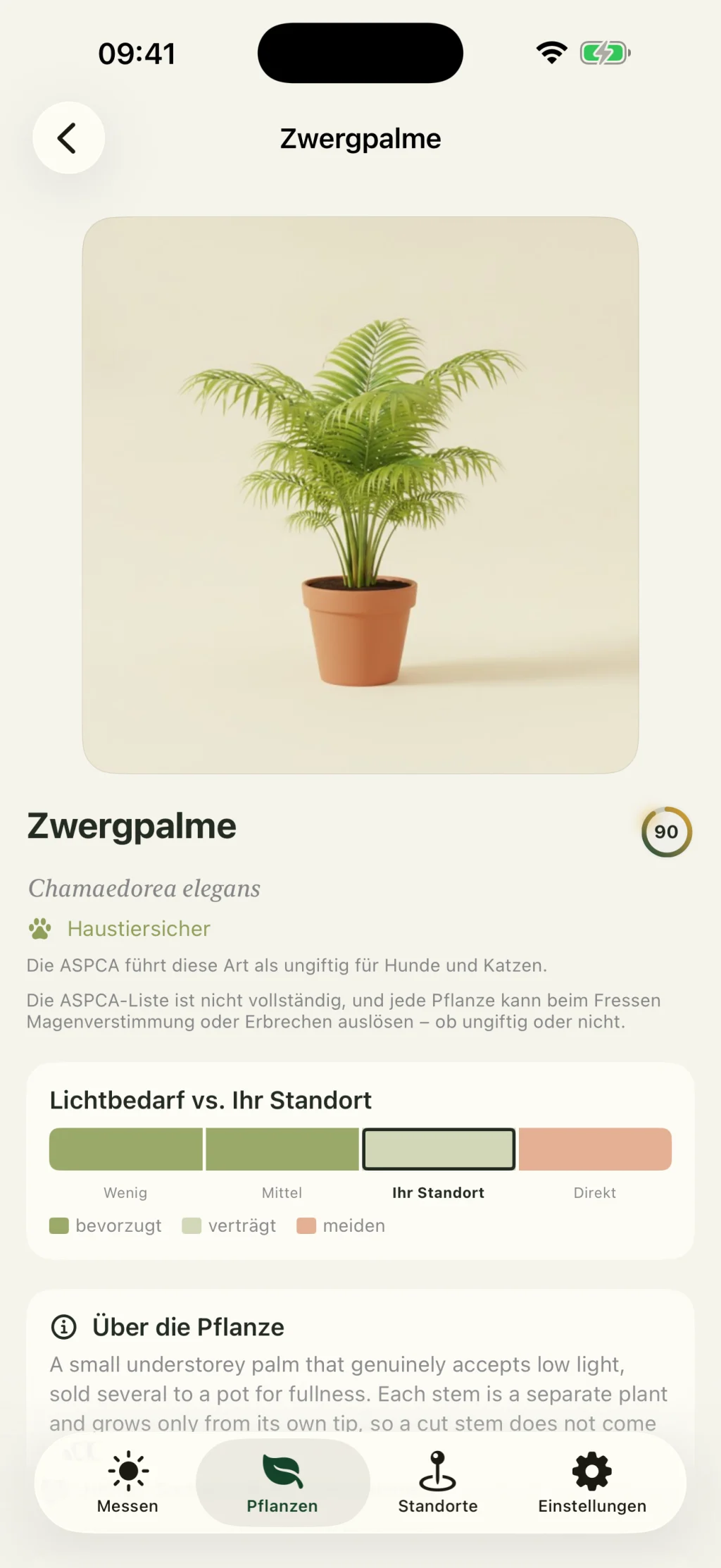 Eine Pflanzenseite in Solspot mit dem Licht, das eine Bergpalme bevorzugt, verträgt und meiden sollte, und dem gemessenen Platz, der gegenüber diesen Bereichen markiert ist