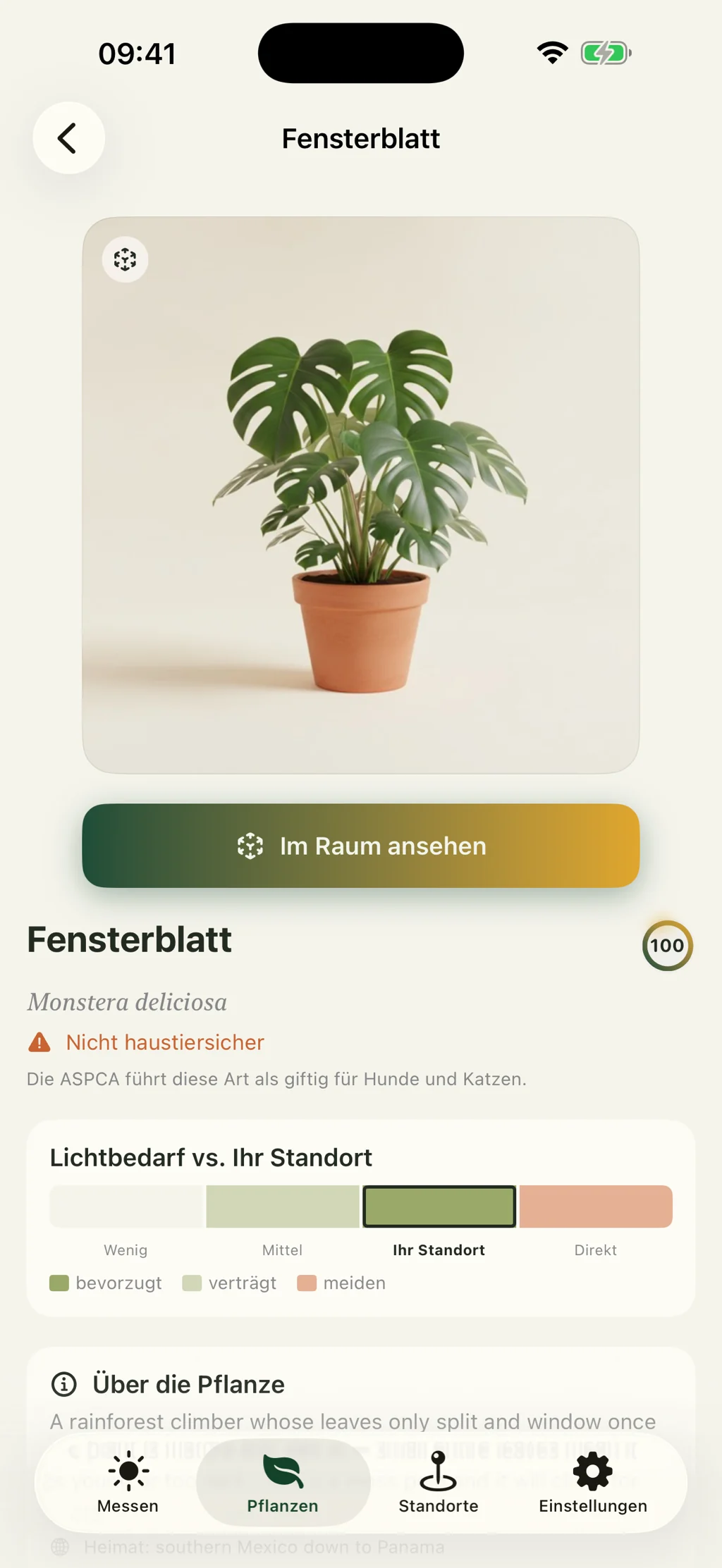 Eine Pflanzenseite mit dem, was sie bevorzugt, verträgt und meiden sollte, samt Schaltfläche, die sie in den Raum stellt