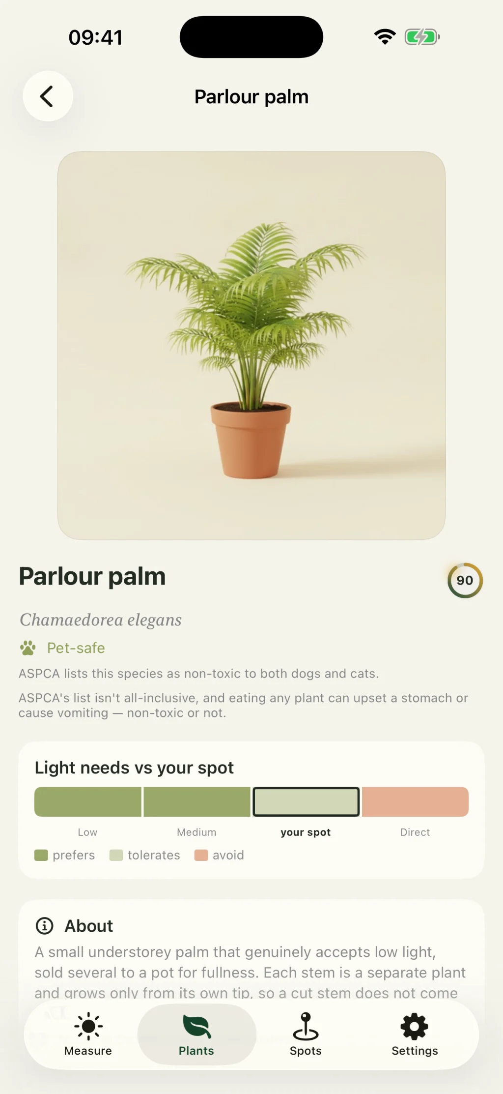 A Solspot plant page for the parlour palm showing its ASPCA non-toxic listing alongside the light it prefers, tolerates and should avoid, with the measured spot marked
