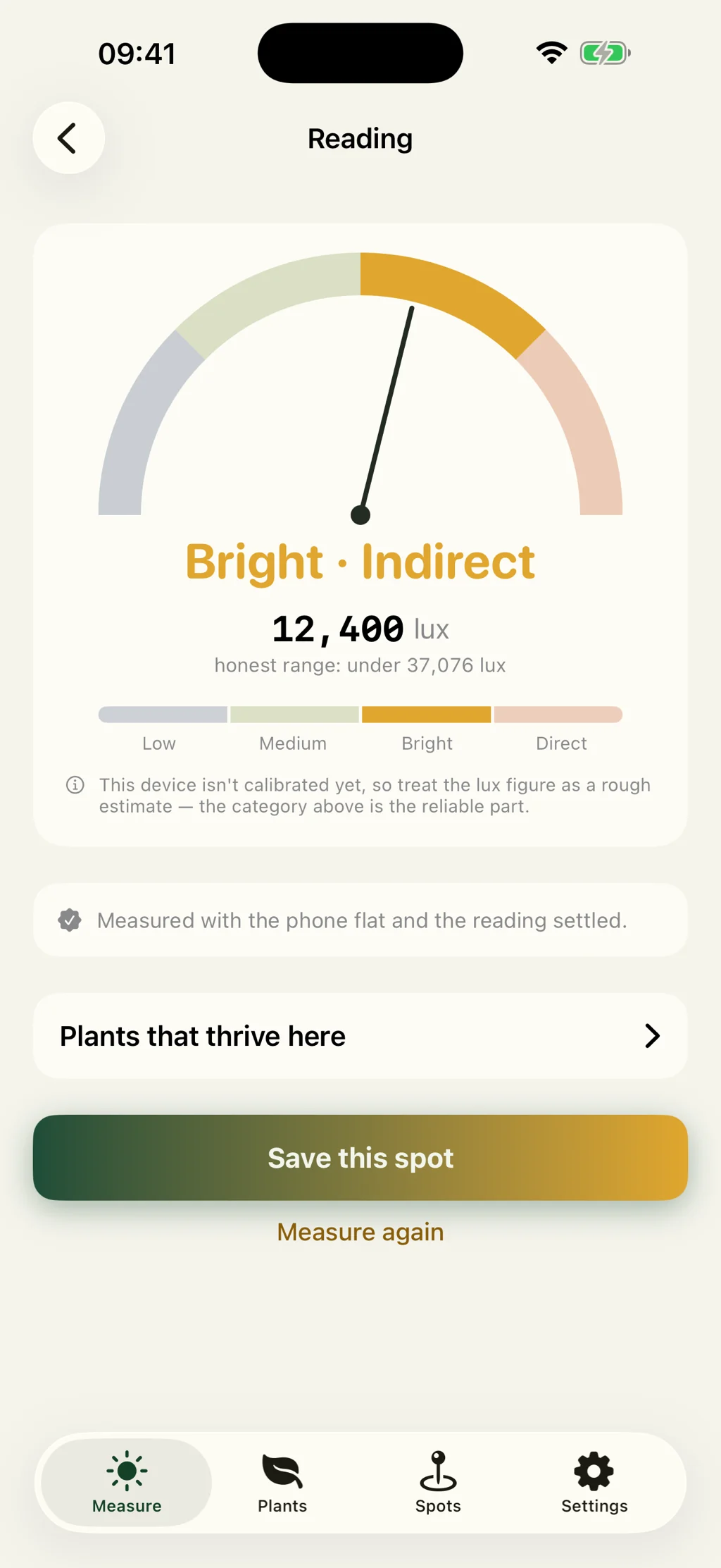 Solspot reading screen showing Bright Indirect at 12,400 lux