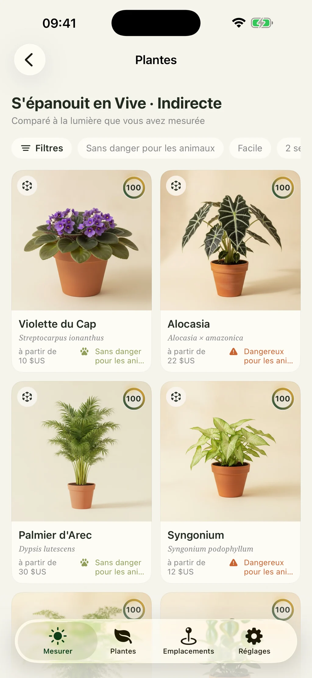 Des plantes correspondant à la lumière mesurée, avec la sécurité animale sur chaque fiche