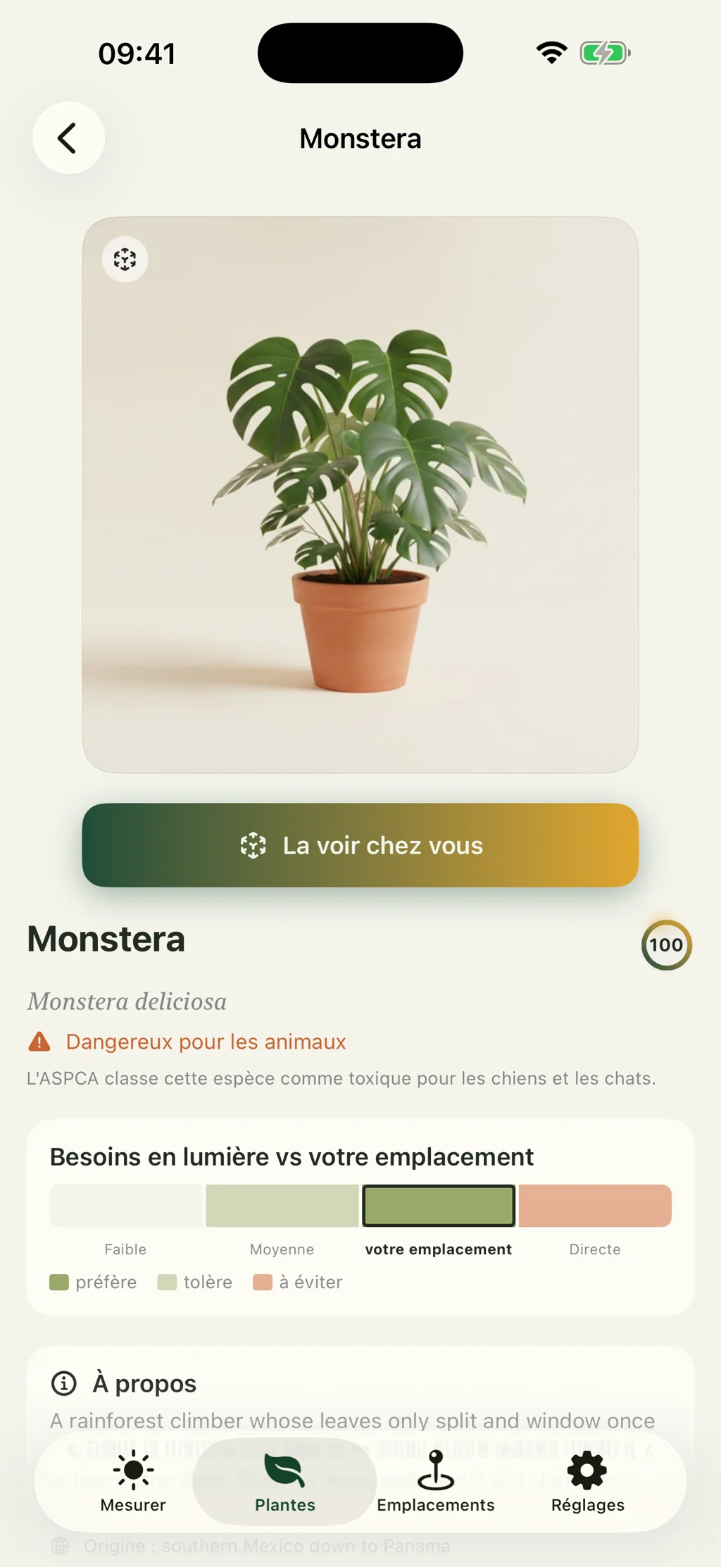 Une fiche de plante montrant ce qu'elle préfère, tolère et doit éviter, avec le bouton qui la pose chez vous